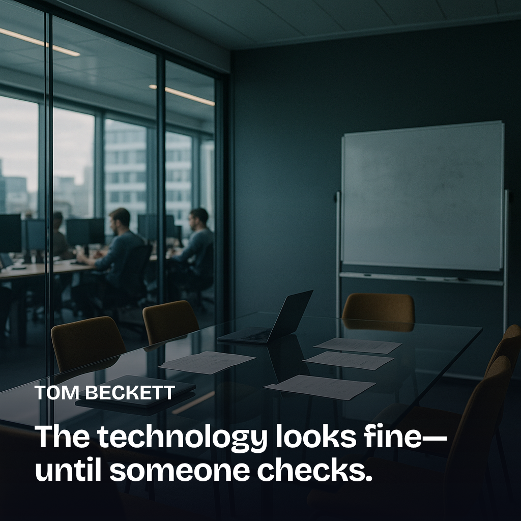 CTO campaign — a dim server room through a glass partition.
